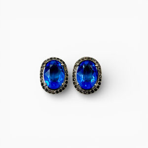 Vintage West German Blue Glass Rhinestone Clip Earrings Large Mid Century Statem